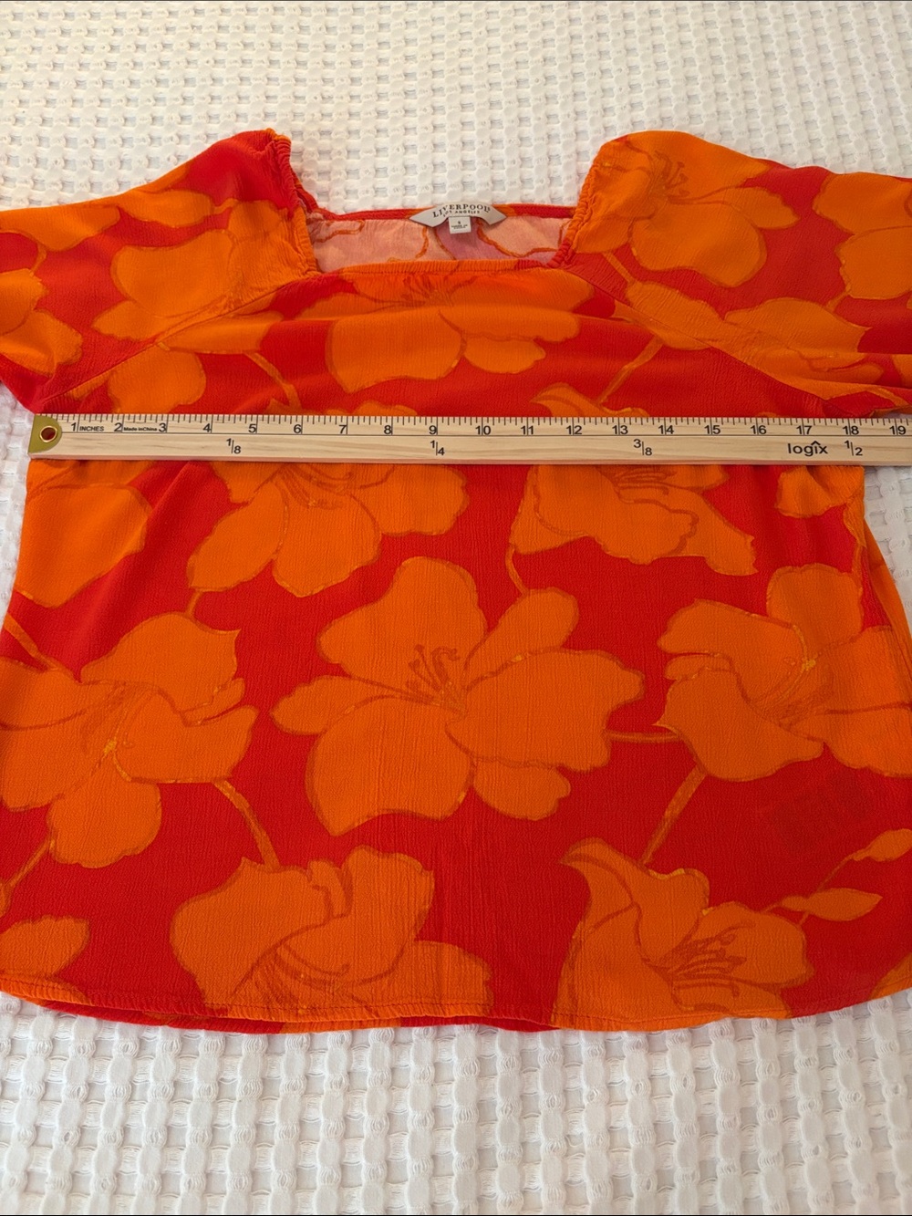 Liverpool Orange Floral Beach Resort BOHO Puff Sleeve Scoop-Neck Blouse SZ S - Picture 5 of 6